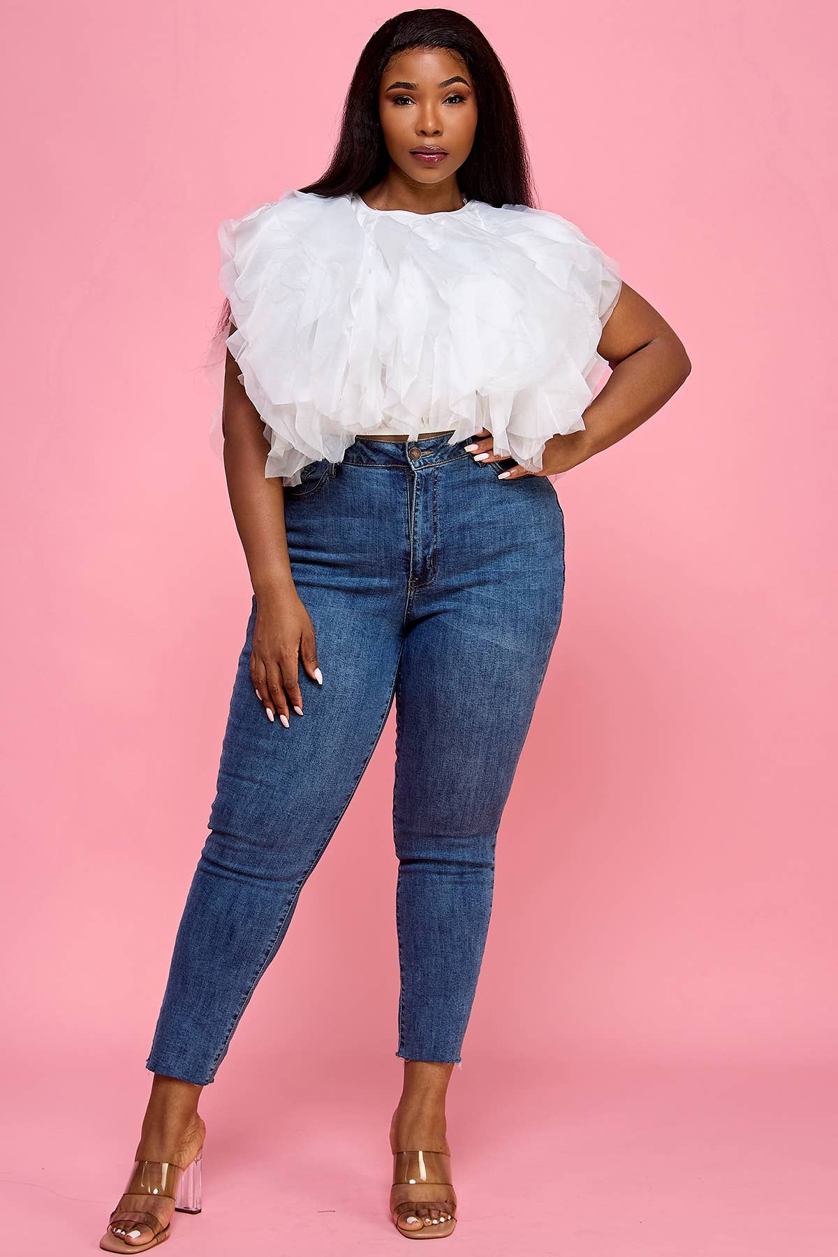 Plus Size Sleeveless Ruffle Tulle Crop Top - Multi-Color