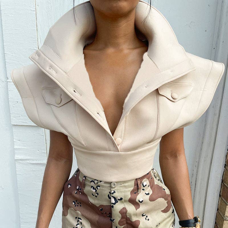 MB FASHION Cropped High Collar Button-Up Top 452R