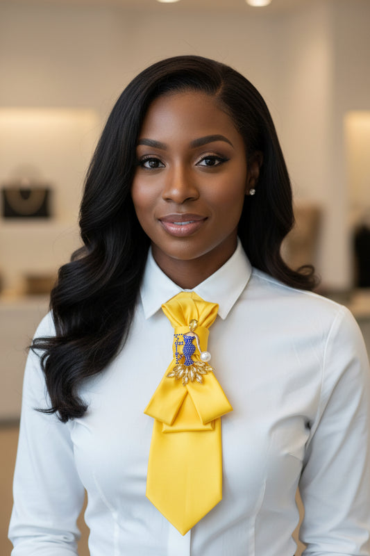 Yellow necktie with decorative elements on a black mannequin