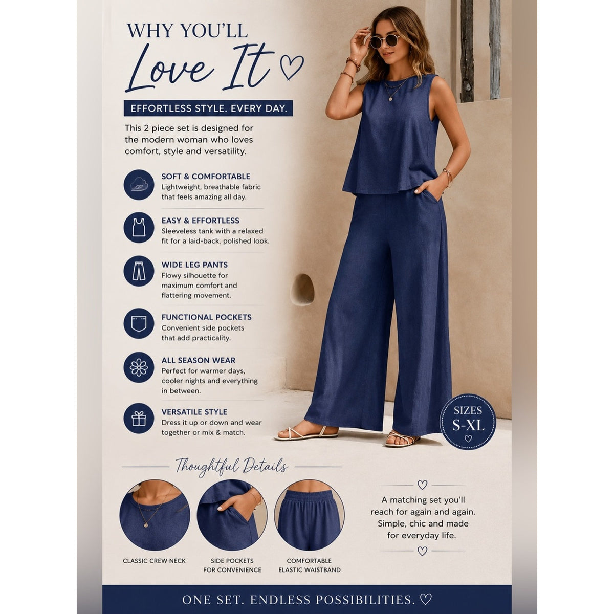Navy Blue Sleeveless Wide Leg Pants 2 Piece Matching Set XL