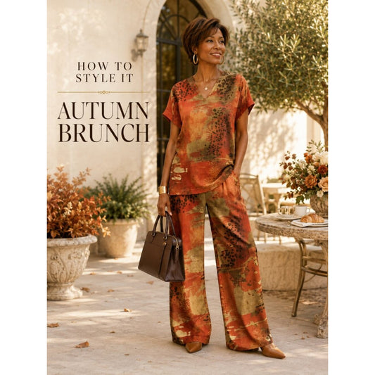 Boho Abstract Print V-Neck Wide-Leg 2-Piece Pantsuit Set