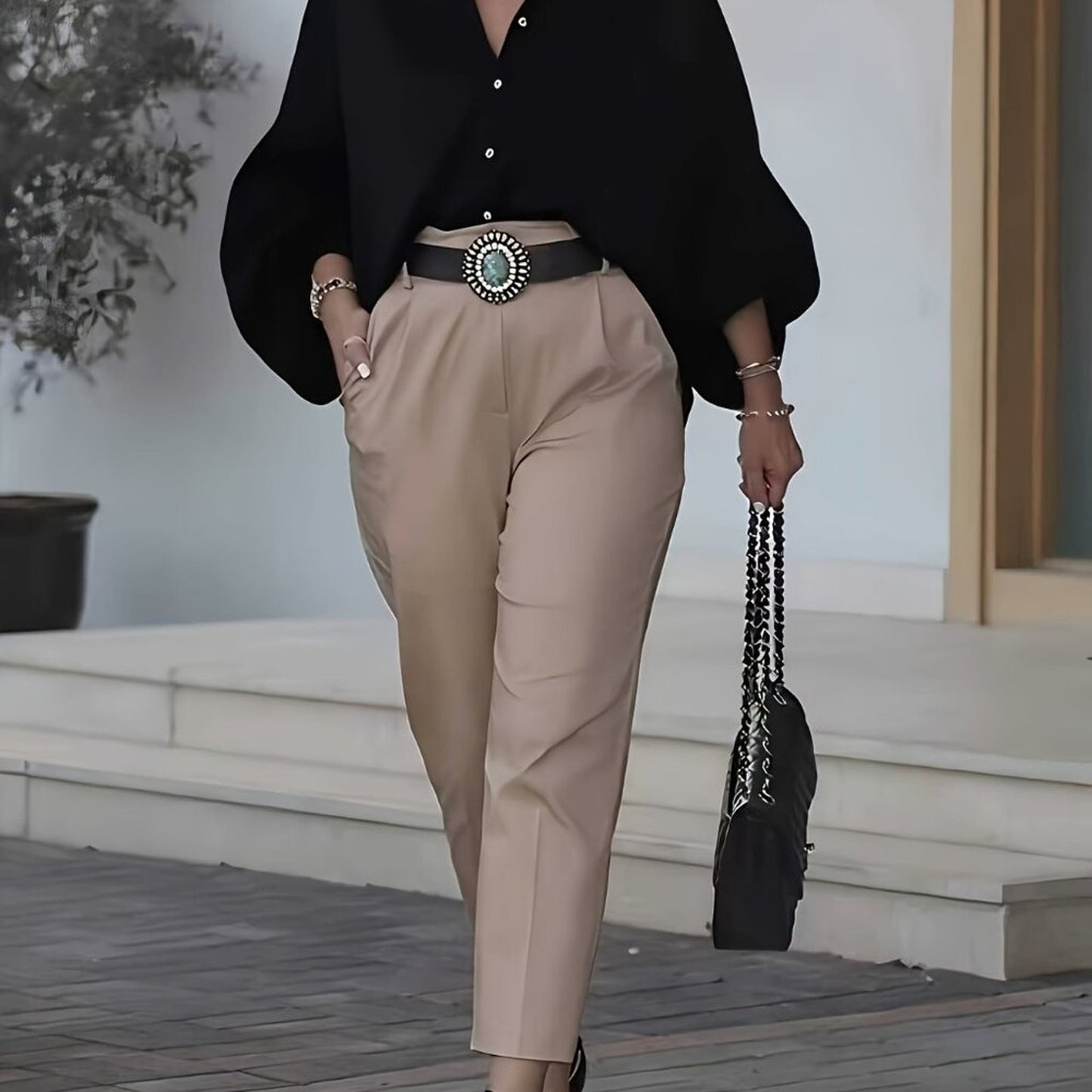 Plus Size Black Oversized Button Down Shirt | Lantern Sleeve Elegant Blouse Top