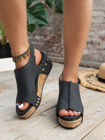 Load image into Gallery viewer, Brown Vintage Leather Stitching Studded Wedge Sandals
