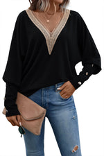 Load image into Gallery viewer, Black Guipure Lace Splicing V Neck Batwing Sleeve Top
