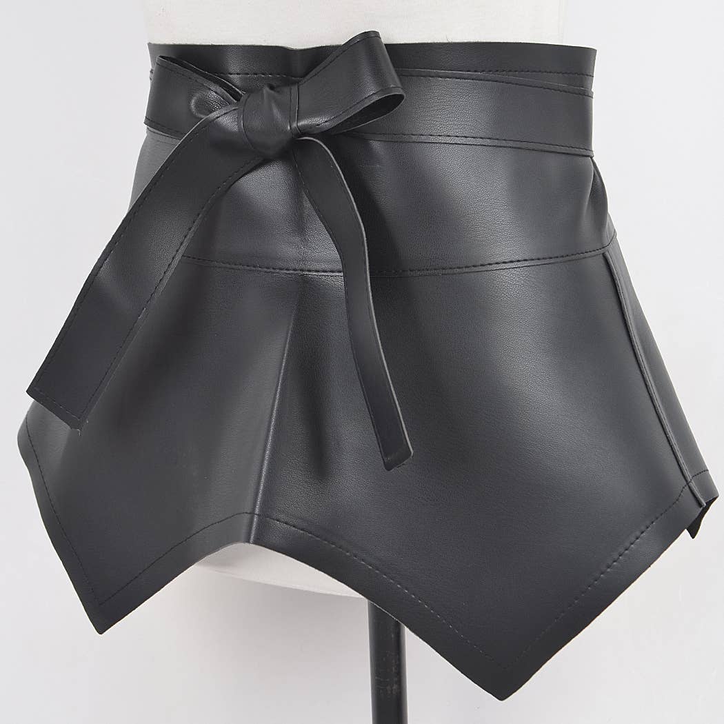 Black leather skirt with a tie waist on a white background