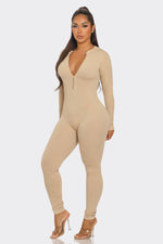 Load image into Gallery viewer, Ribbed Half Zip Long Sleeve Bodycon Jumpsuit
