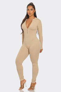 Ribbed Half Zip Long Sleeve Bodycon Jumpsuit