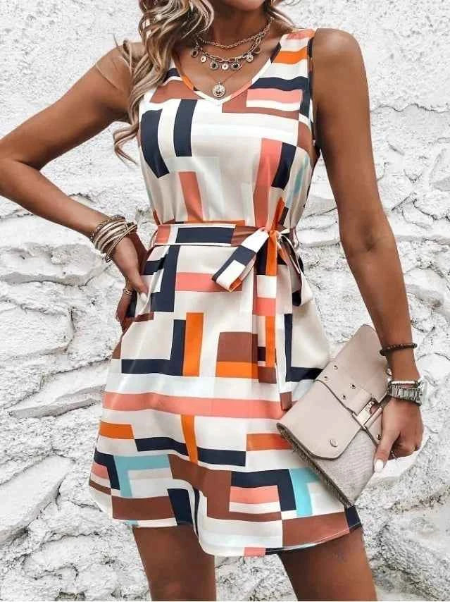 Geometric Print Sleeveless Mini Dress with Belt