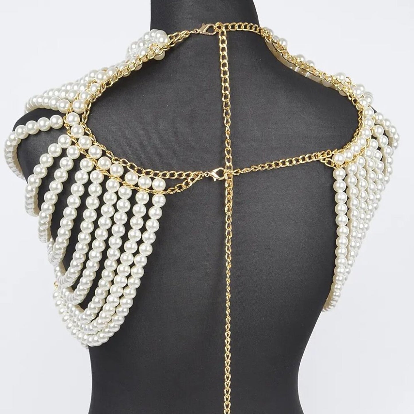 Luxury Layered Pearl Shoulder Harness Necklace with Gold Chain Detail