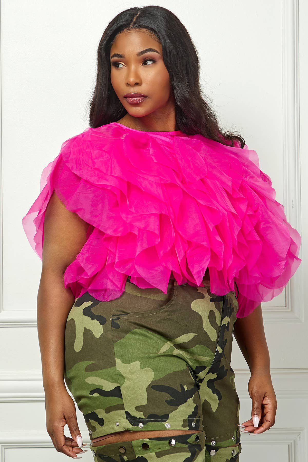 Plus Size Sleeveless Ruffle Tulle Crop Top - Multi-Color