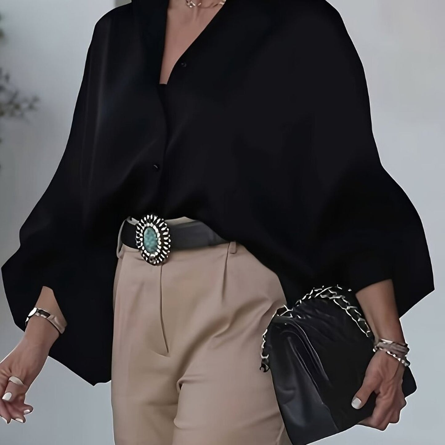 Plus Size Black Oversized Button Down Shirt | Lantern Sleeve Elegant Blouse Top