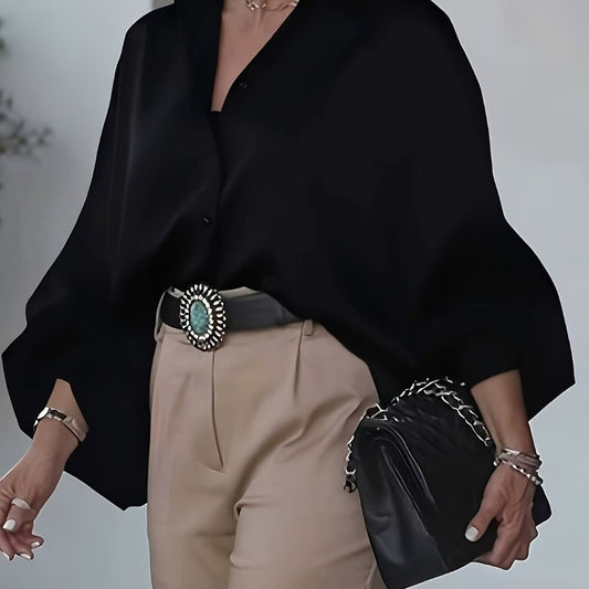 Plus Size Black Oversized Button Down Shirt | Lantern Sleeve Elegant Blouse Top
