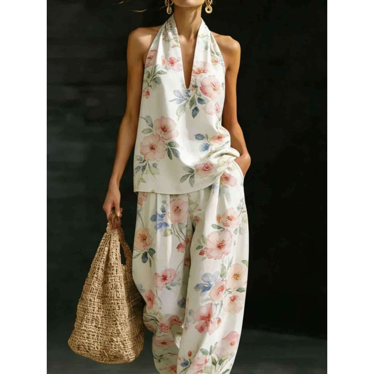Floral Halter Top & Wide-Leg Pants Set