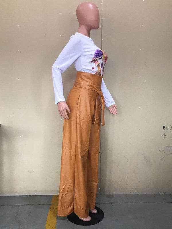 High Waisted Wide Leg Belted Solid Color Zipper Pants Trousers