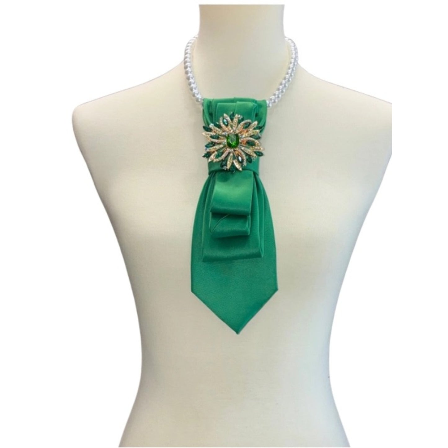 Custom Emerald Green Satin Statement Necklace Scarf with Crystal Brooch
