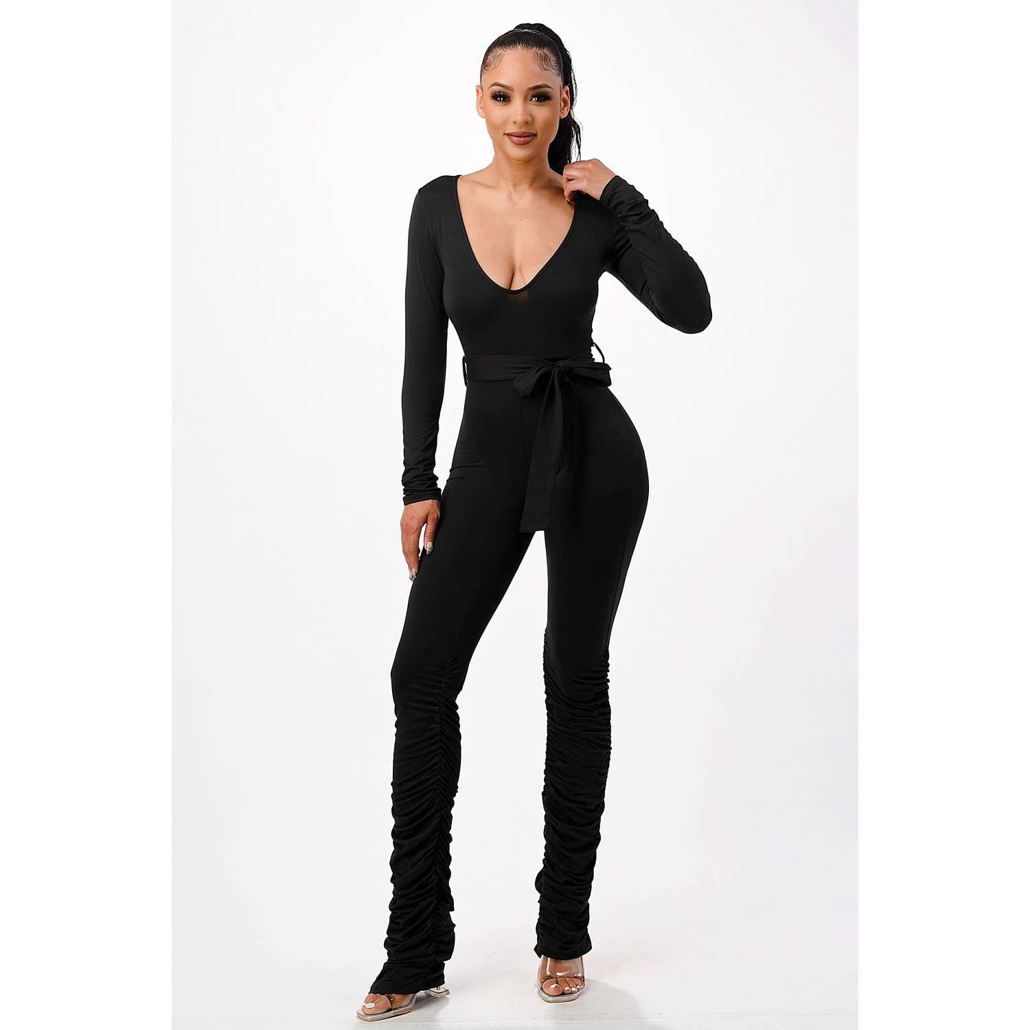 Ruched V-Neck Jumpsuit with Tie Waist