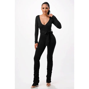 Ruched V-Neck Jumpsuit with Tie Waist