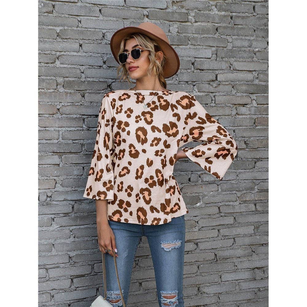 Casual Leopard Print Puff Sleeve Loose T-Shirt