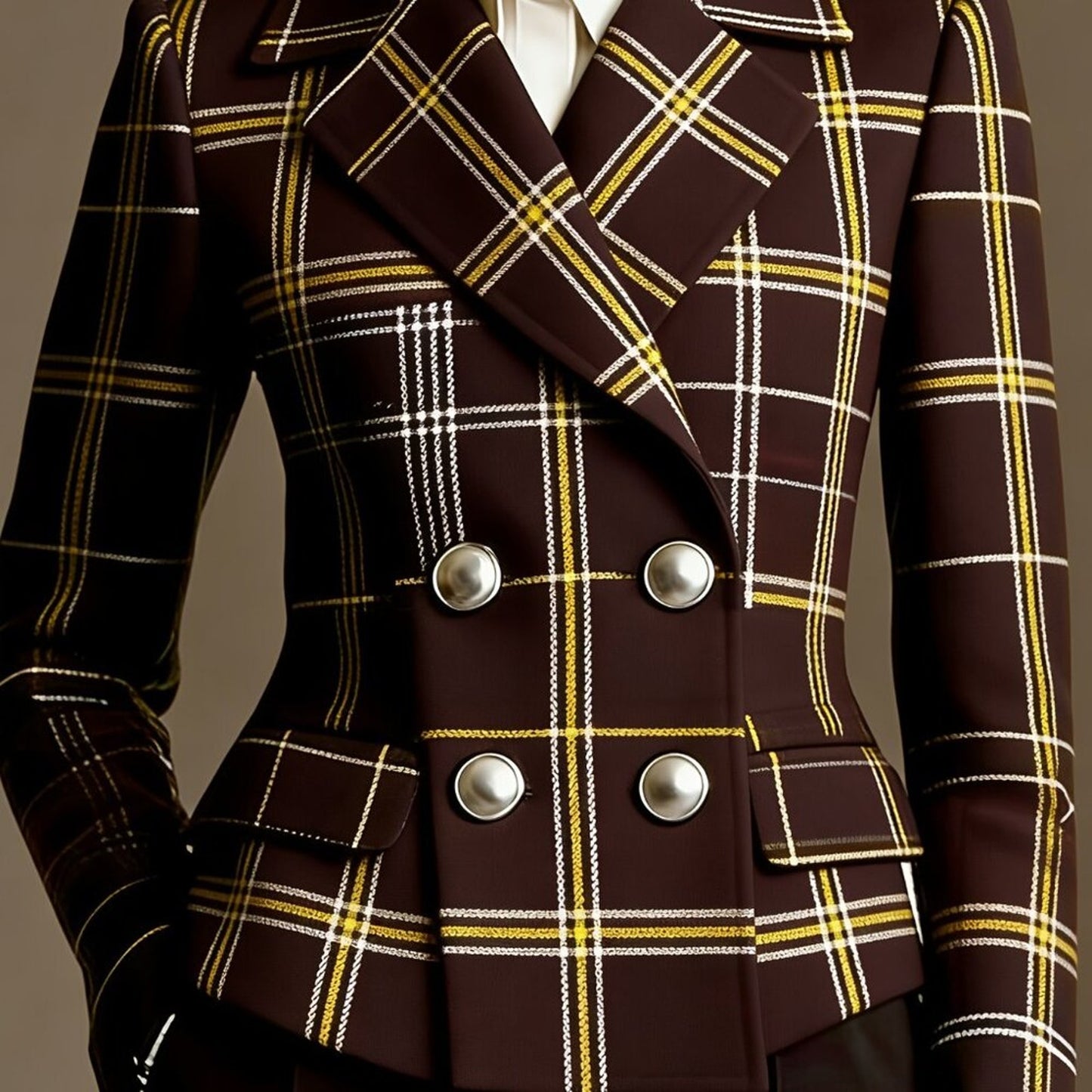 Brown Plaid Double-Breasted Blazer Jacket | Lapel Collar | Fall/Winter