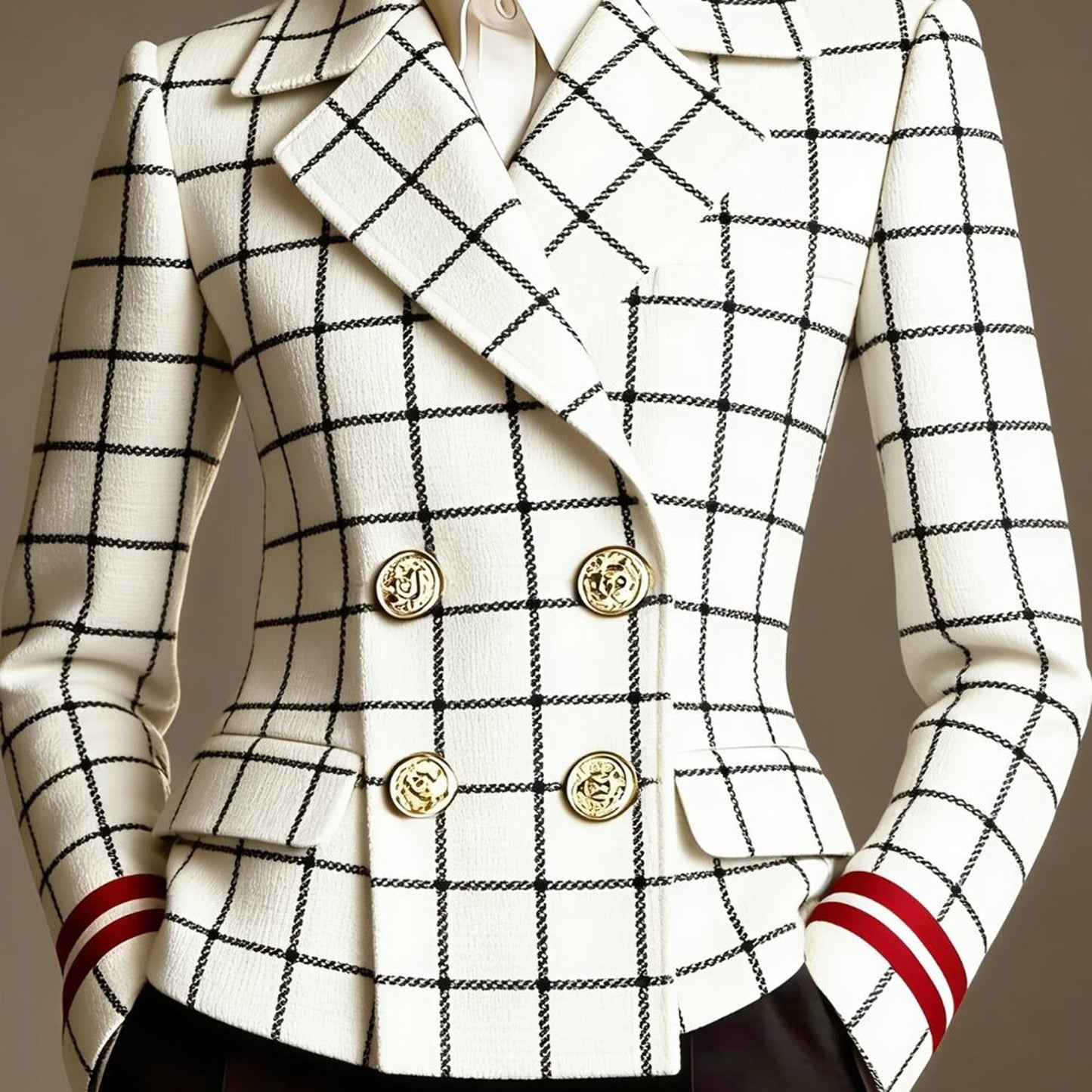 White Windowpane Check Double-Breasted Blazer | Gold Buttons + Red Cuff Stripes