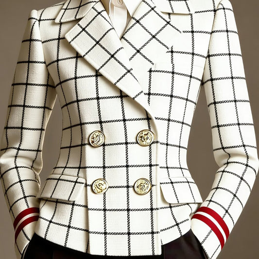 White Windowpane Check Double-Breasted Blazer | Gold Buttons + Red Cuff Stripes