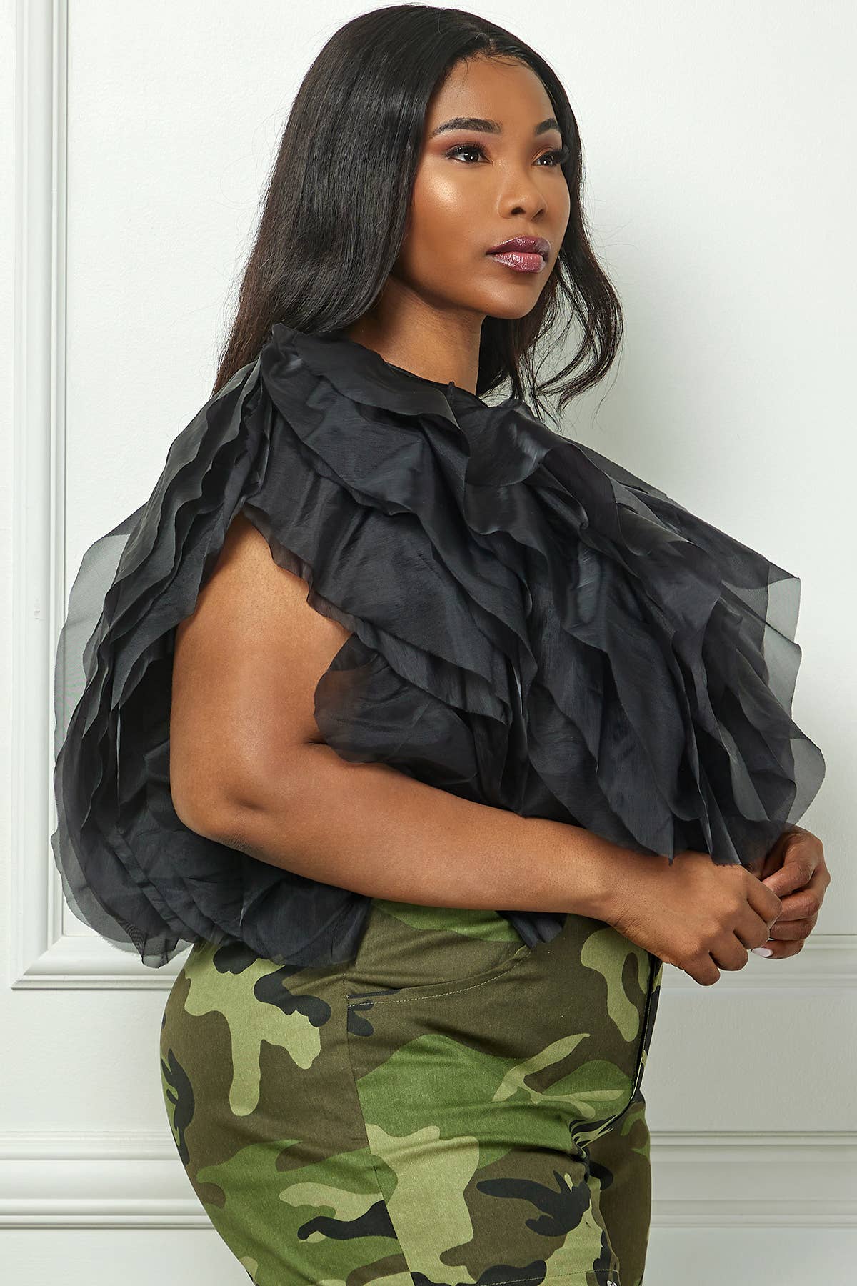 Plus Size Sleeveless Ruffle Tulle Crop Top - Multi-Color