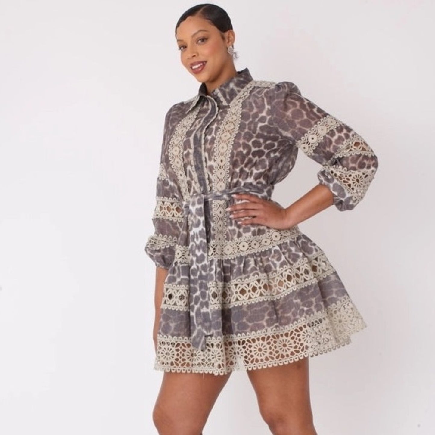 Stylish Leopard Print Lace Trim Dress