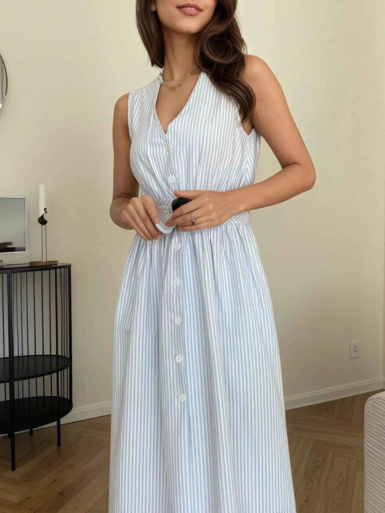 Striped V-Neck Sleeveless Midi Dress