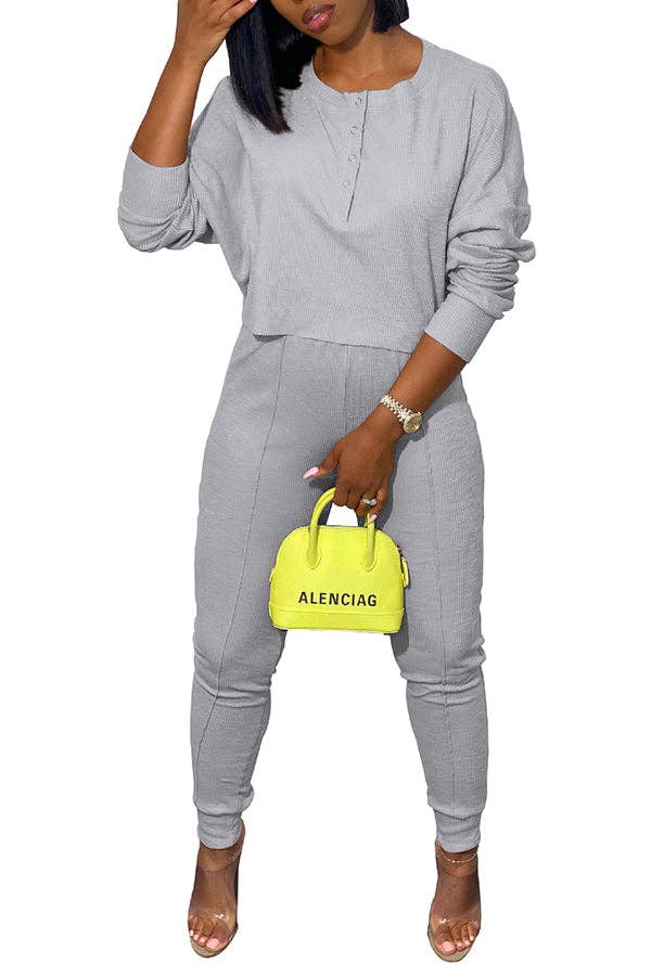 MB FASHION Casual Ribbed Loungewear Set with Button 10113