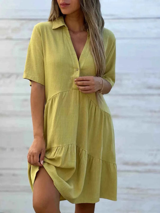 Full Size Tiered Button-Front Short Sleeve Dress Plus Size