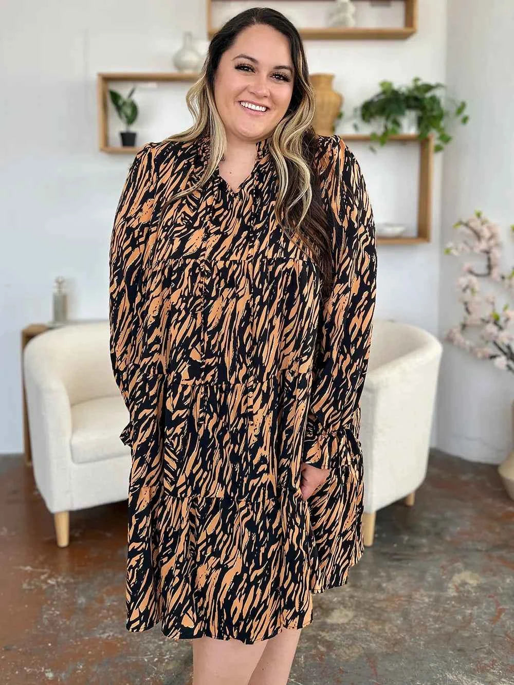 Double Take Full Size Printed Ruffle Hem Long Sleeve Dress