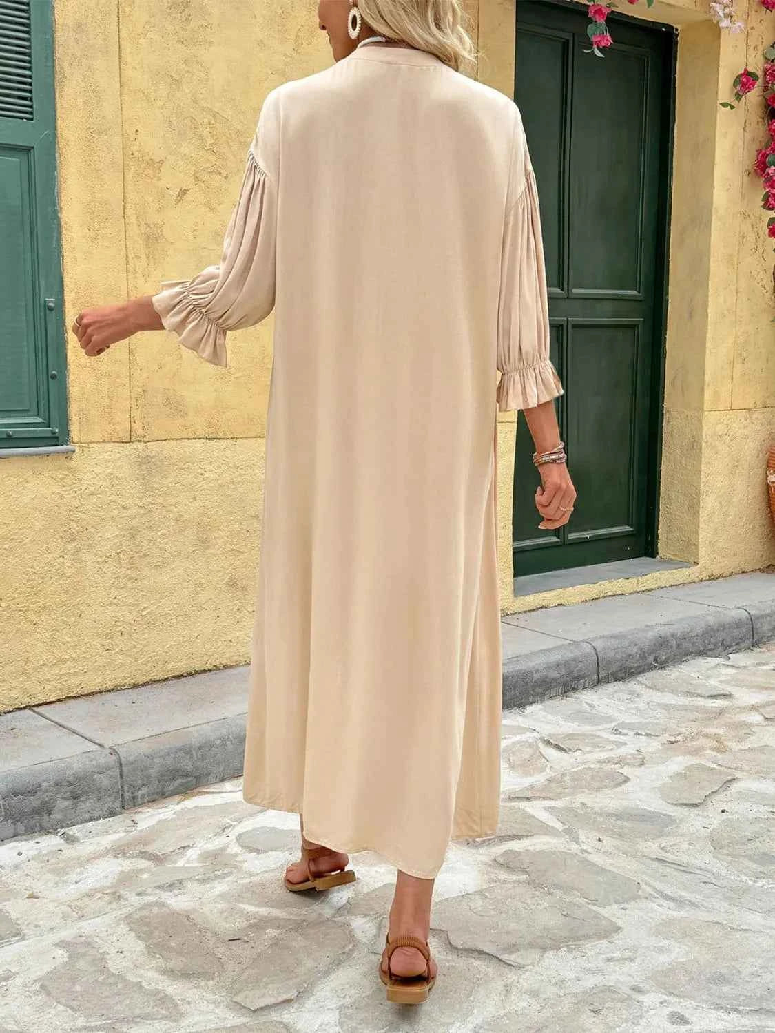 Button Front Flounce Sleeve Dress