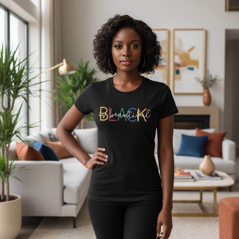 Black t-shirt with 'BLACK is beautiful' text on a mannequin against a gray background