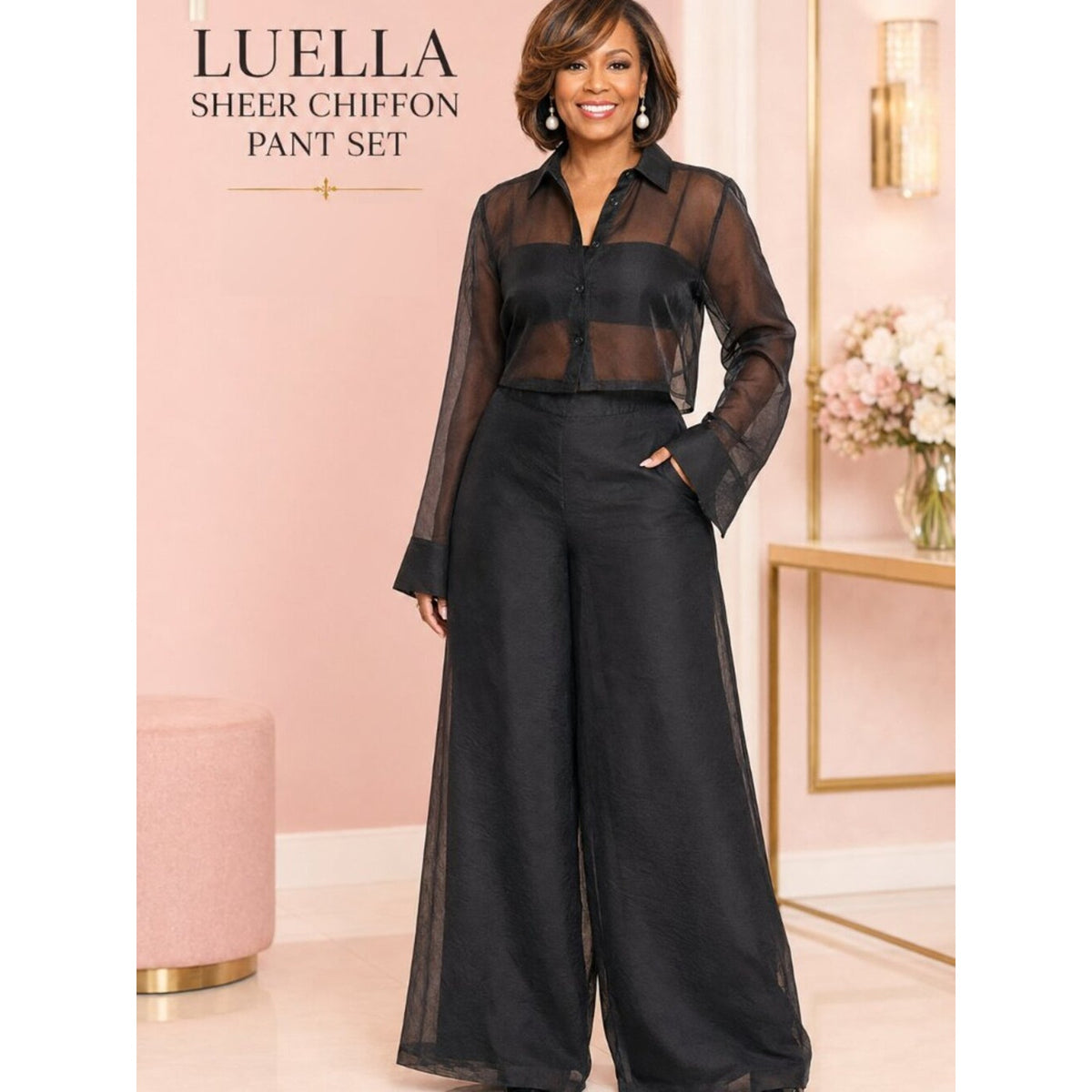 Luella Black Sheer Chiffon Button-Up Wide Leg 2 Piece Pant Set