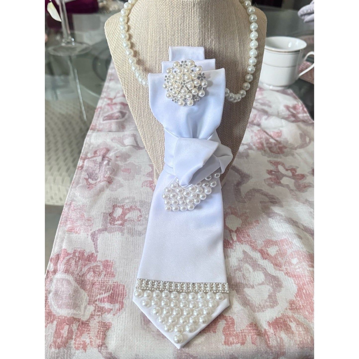 Pearl Elegance Statement Necktie Necklace – White Satin Rhinestone Brooch