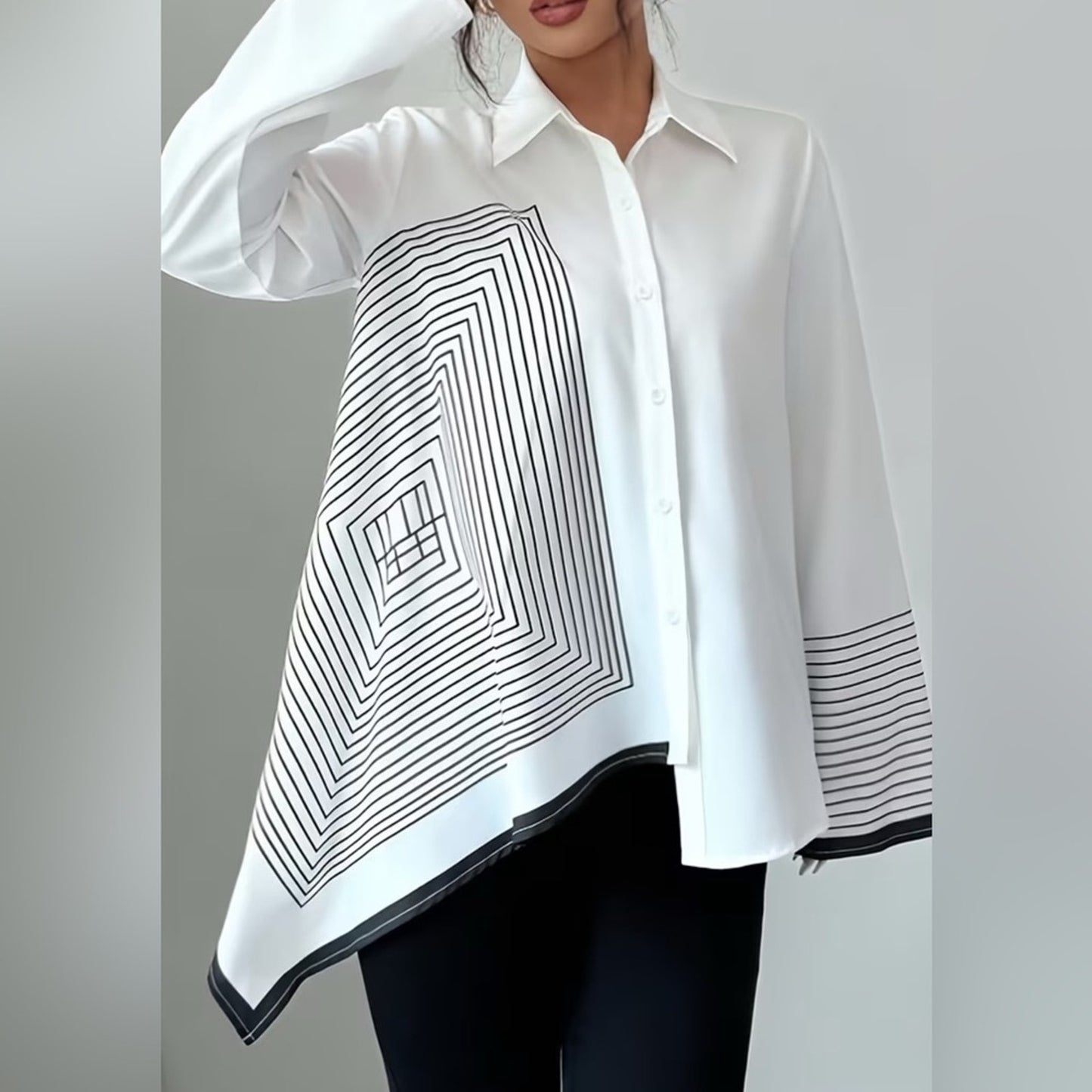 Plus Size White Geometric Asymmetrical Button Blouse | Elegant Statement Shirt T