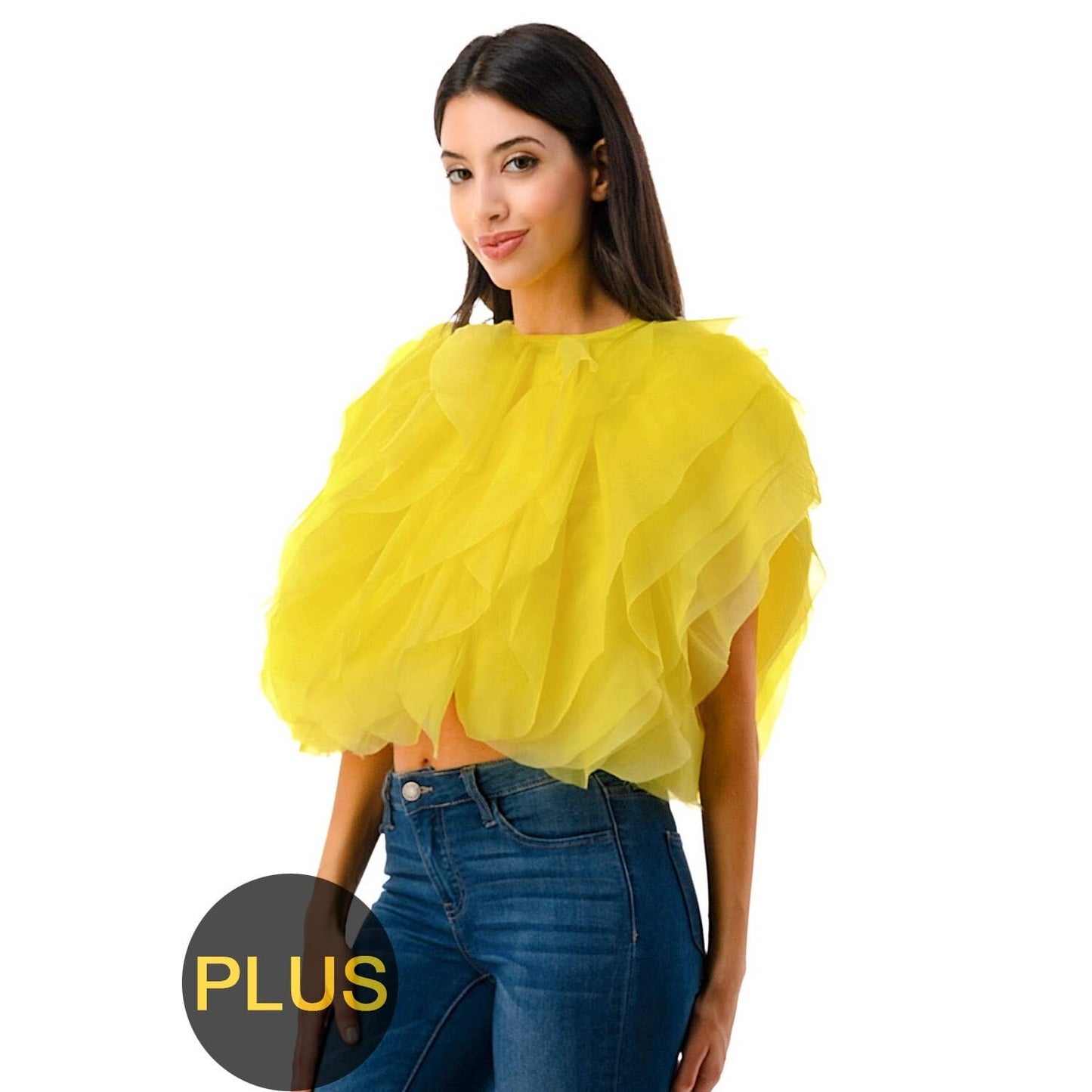 Plus Size Sleeveless Ruffle Tulle Crop Top - White & Red