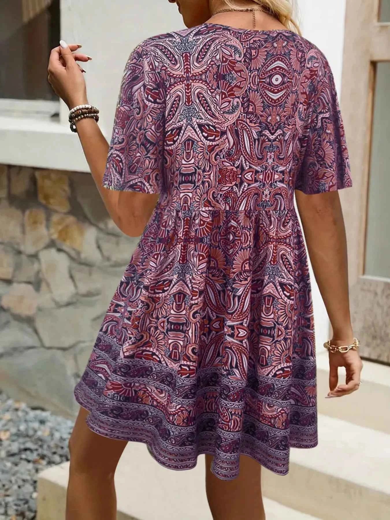 Printed V-Neck Flutter Sleeve Mini Dress