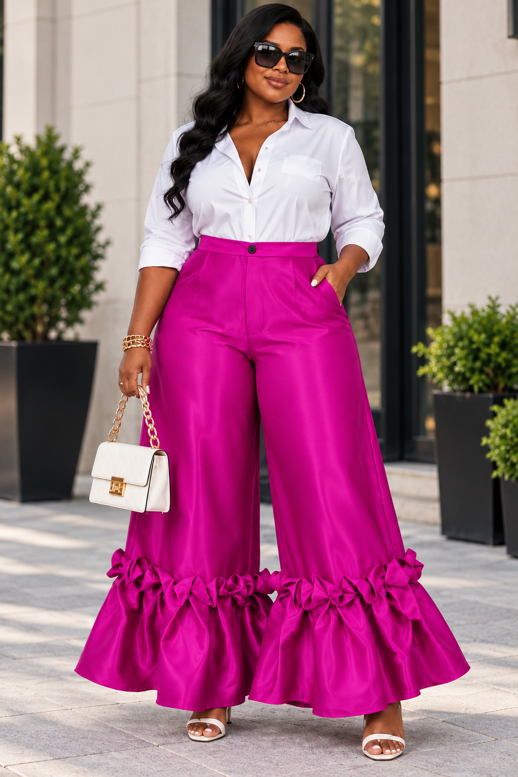 Plus Size Fuchsia High-Waist Wide-Leg Statement Ruffle Pants 1X–3X
