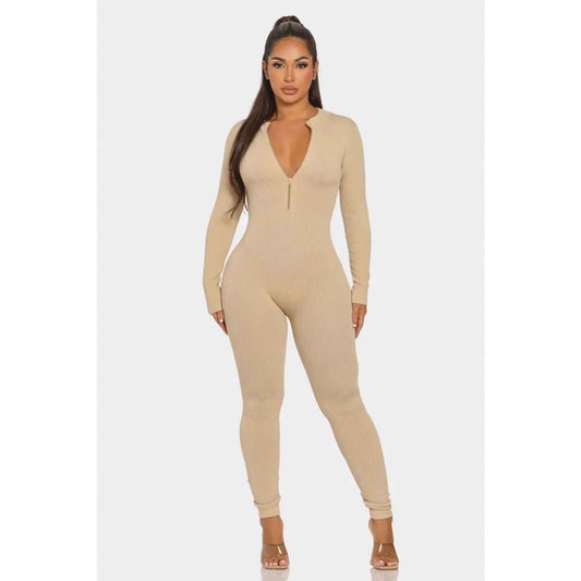 Ribbed Half Zip Long Sleeve Bodycon Jumpsuit