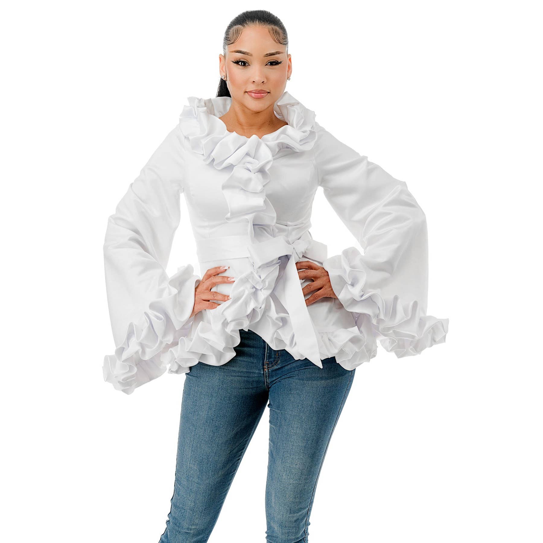 PLUS WIDE ROUND NECK RUFFLE JACKET