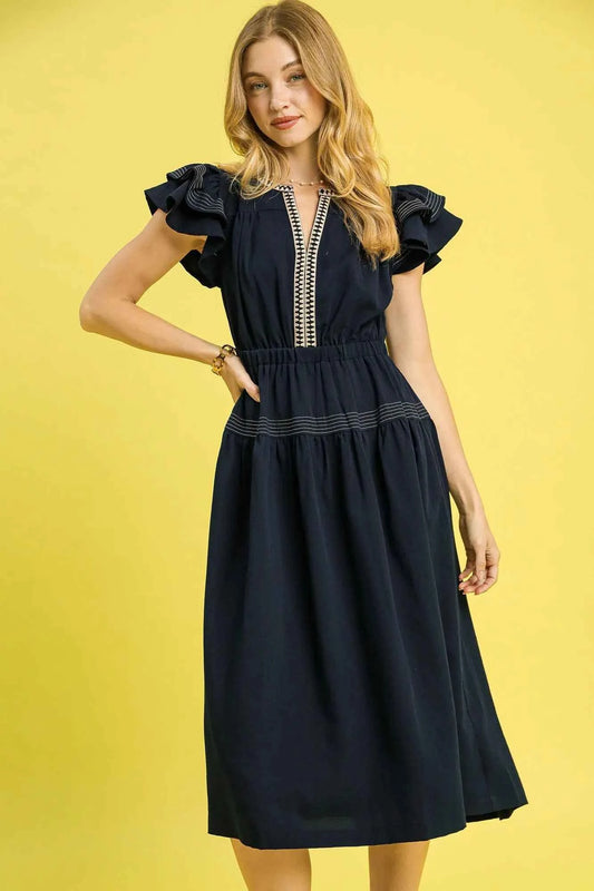 Umgee Ruffled Cap Sleeve Midi Dress with Contrast Trim Detail