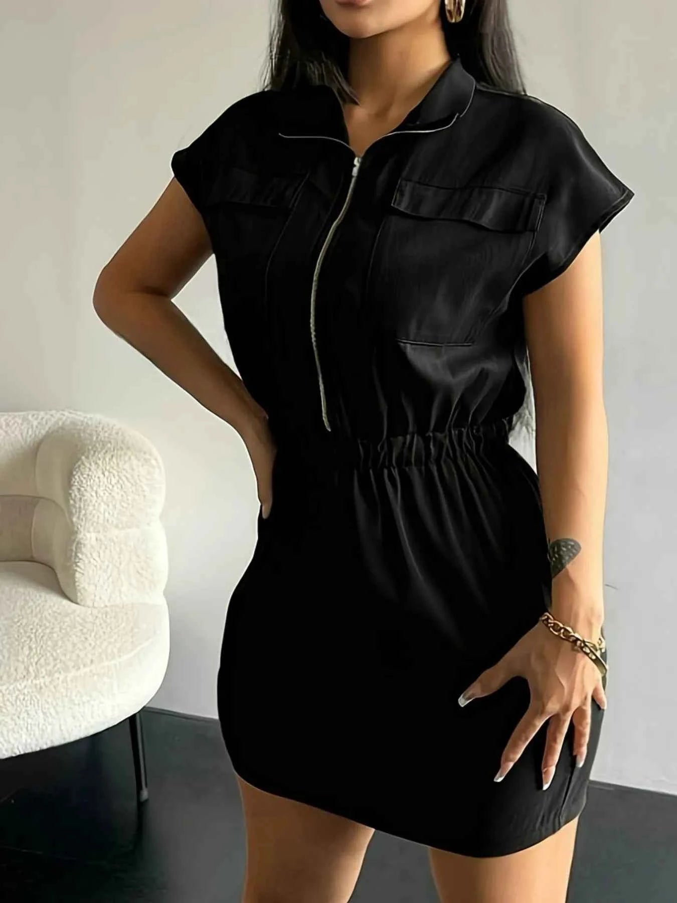 Zipper Front Short Sleeve Mini Dress