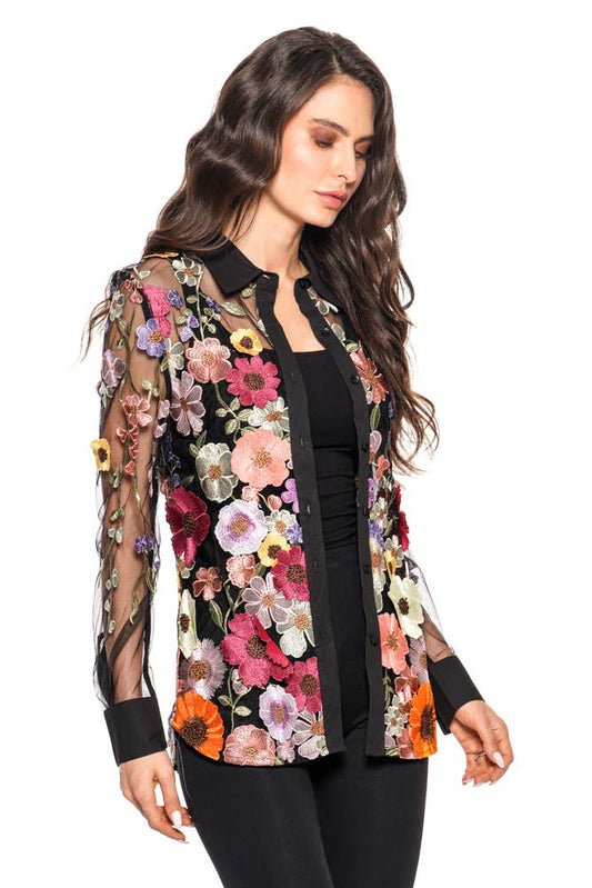 BLK BUTTON DOWN TOP WITH FLORAL MULTI COLOR EMBROIDERY