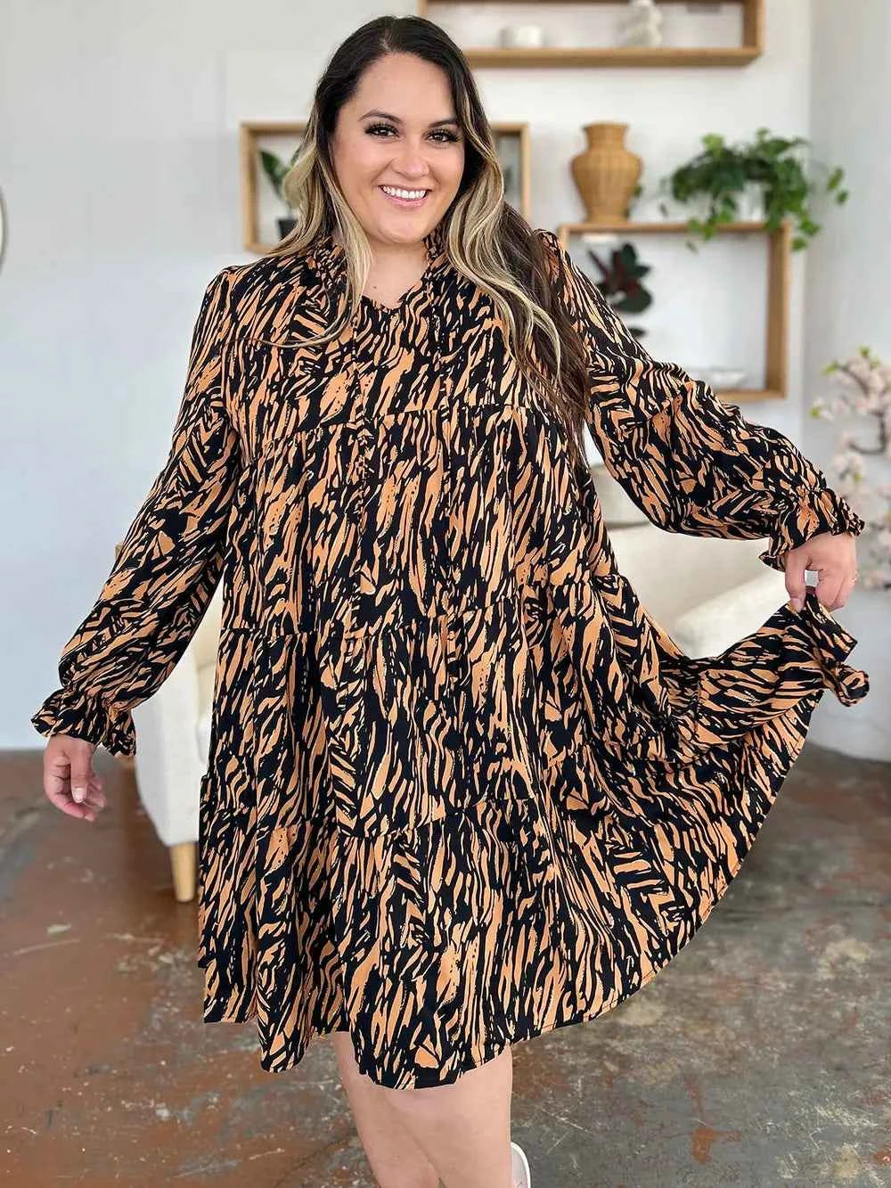 Double Take Full Size Printed Ruffle Hem Long Sleeve Dress