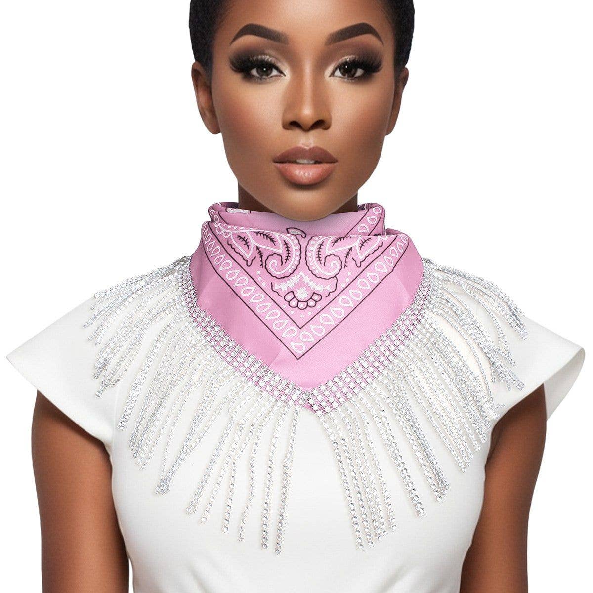 AKA Pink & White Bandana Bling Fringe Scarf Necklace