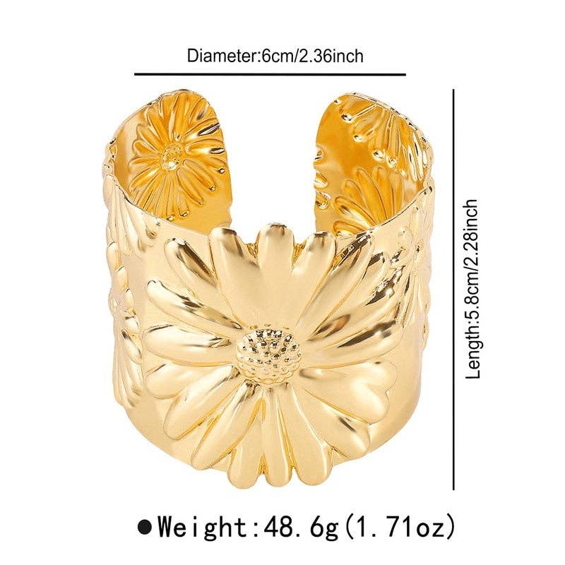 Vintage Floral Metal Open Bangle - Elegant Statement Bracelet