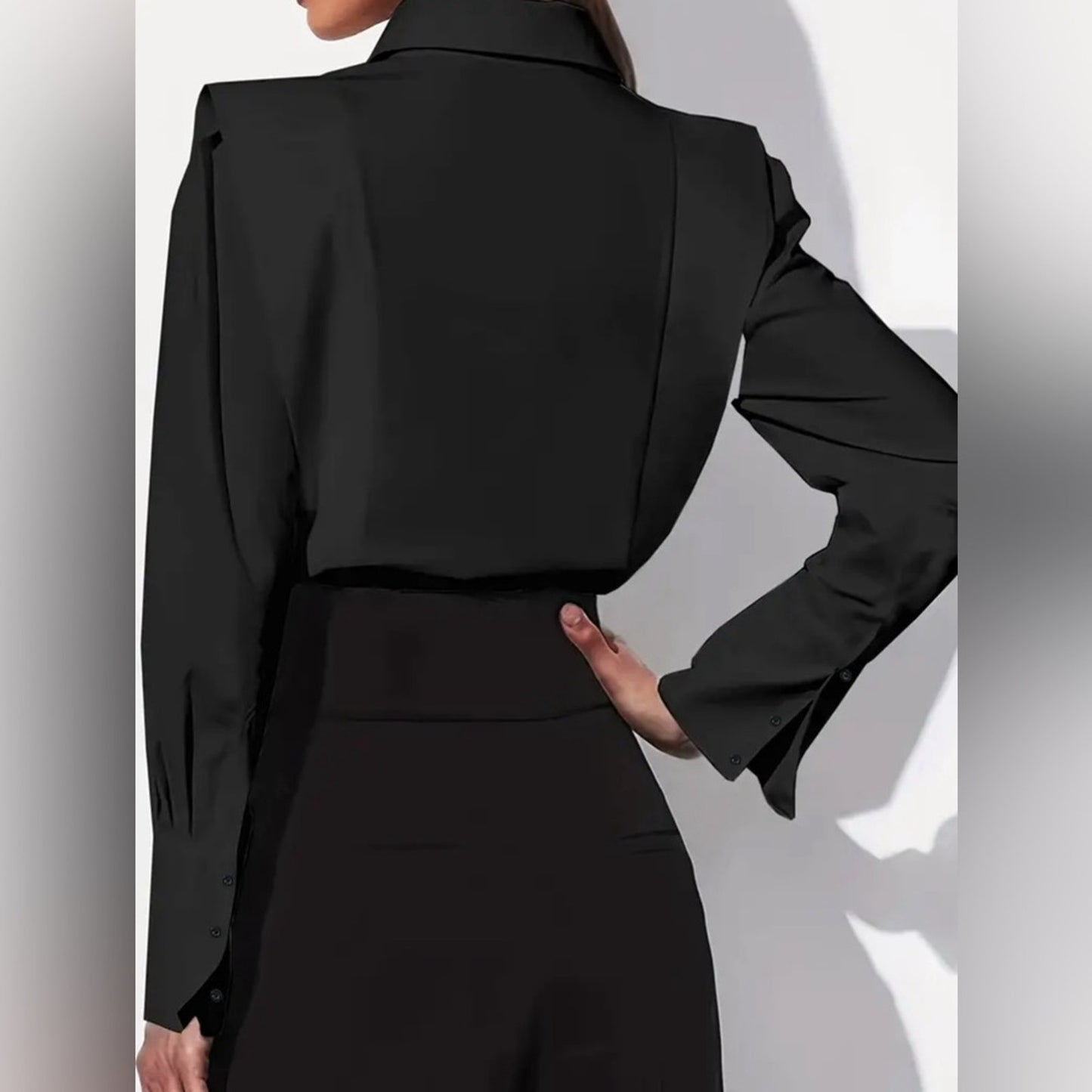 Black Elegant Solid Button Front Shirt - Flattering Lapel