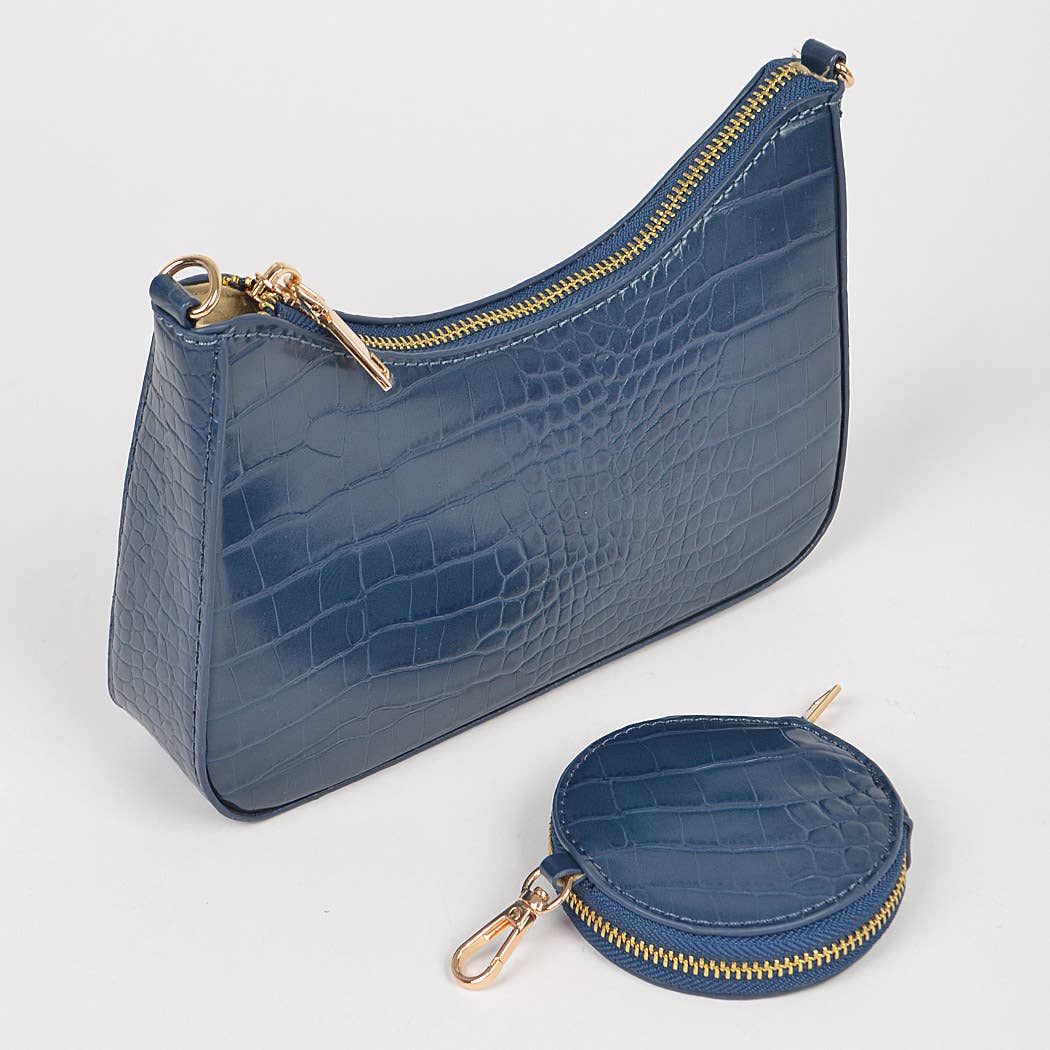 Blue crocodile-patterned pouch with gold zipper on a light gray background