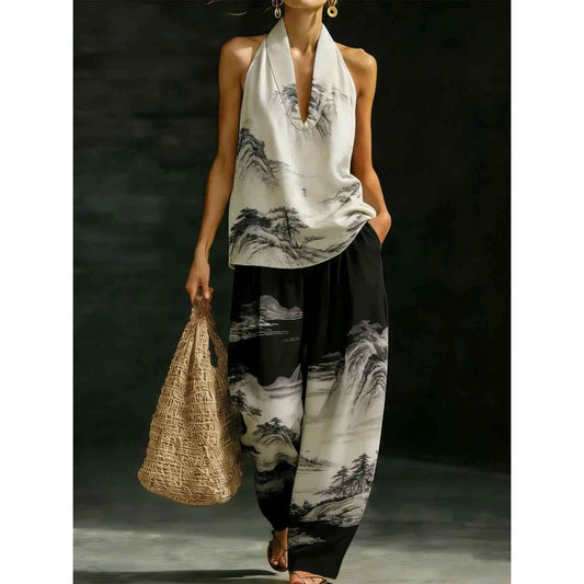 Black & White Printed 2-Piece Set – Halter V-Neck Top + Wide-Leg Pants Elegant